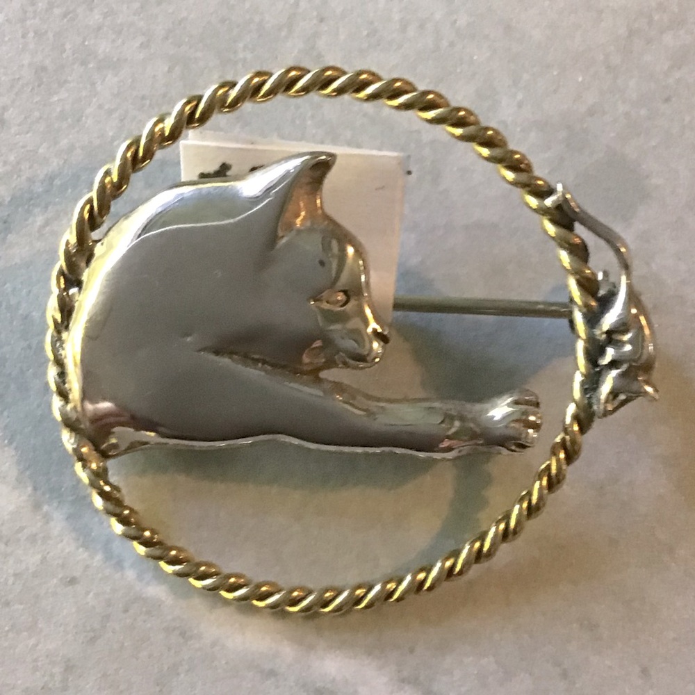 Sterling Silver and Brass Cat and Mouse Brooch